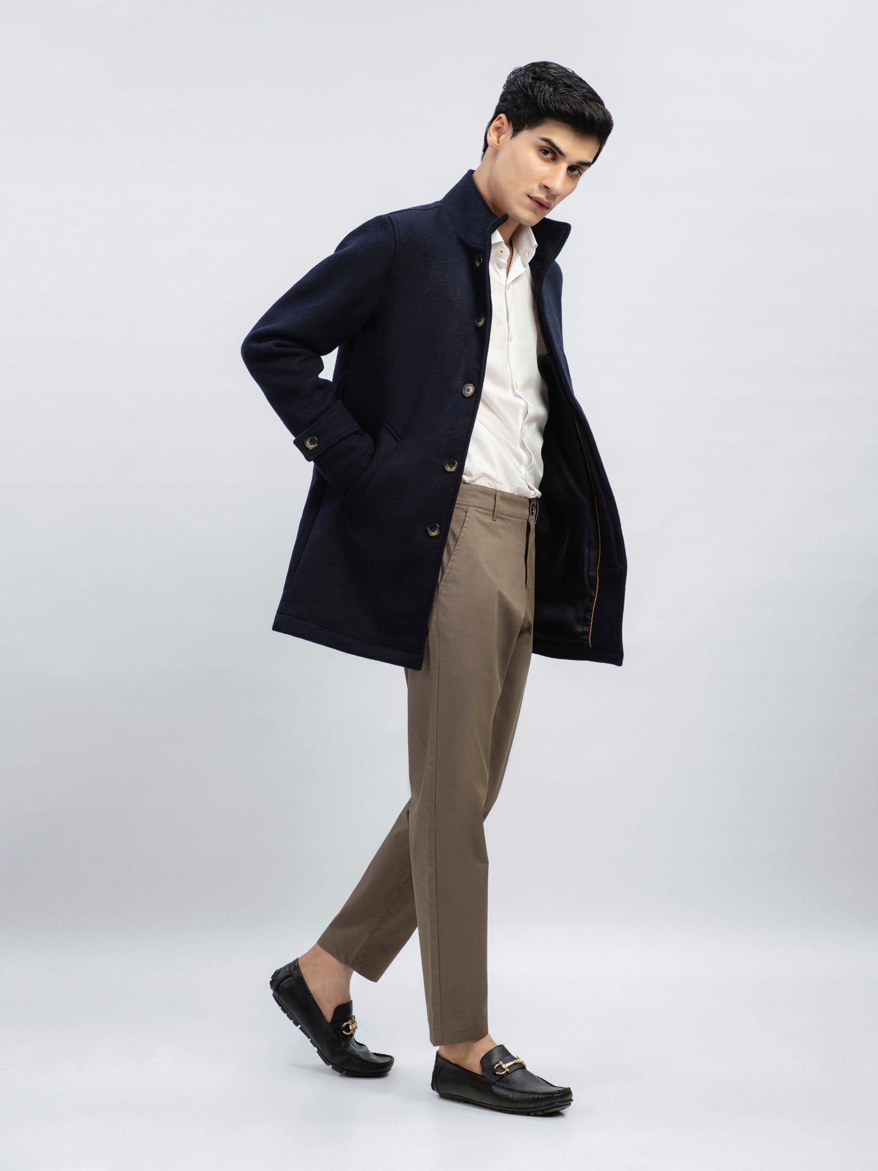 Dark Blue Wool Blended Long Coat - Limited Edition