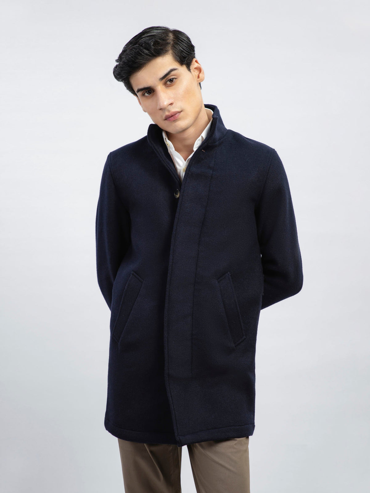Dark Blue Wool Blended Long Coat - Limited Edition