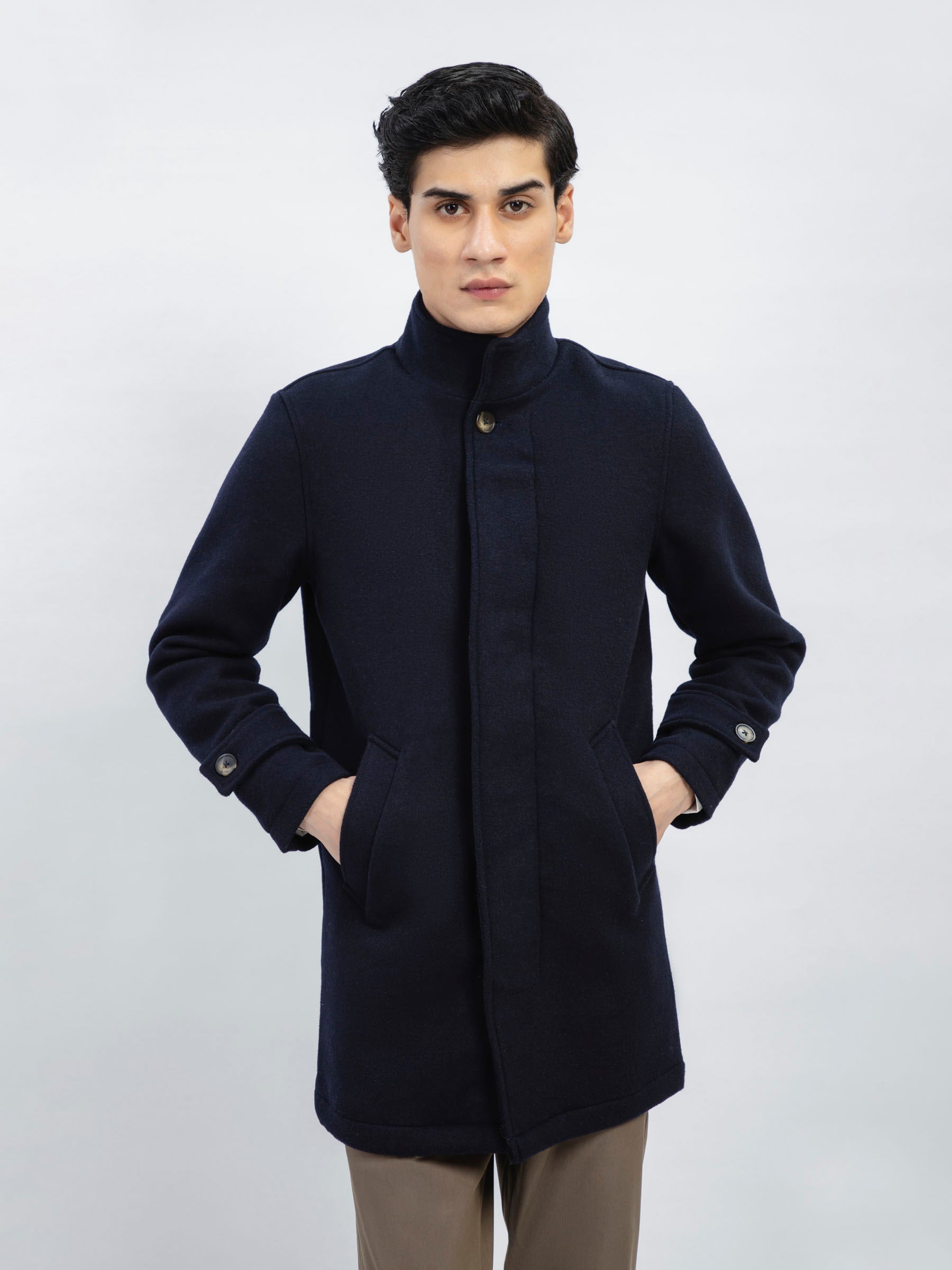 Dark Blue Wool Blended Long Coat - Limited Edition
