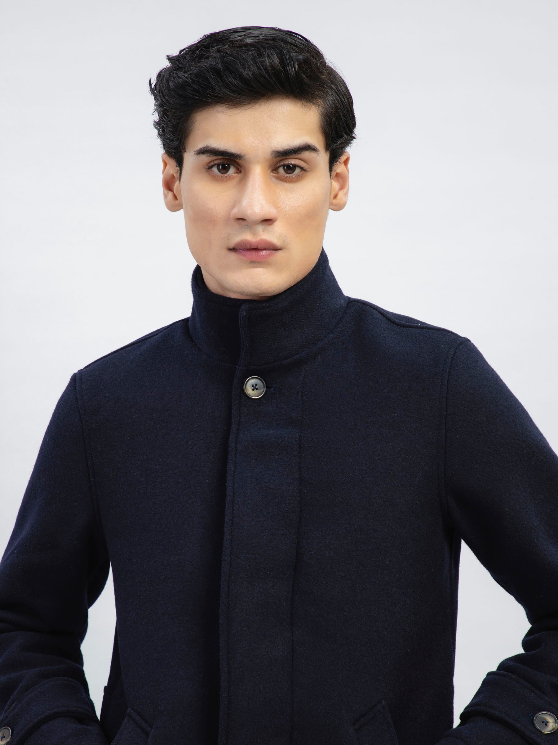 Dark Blue Wool Blended Long Coat - Limited Edition