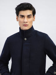 Dark Blue Wool Blended Long Coat - Limited Edition