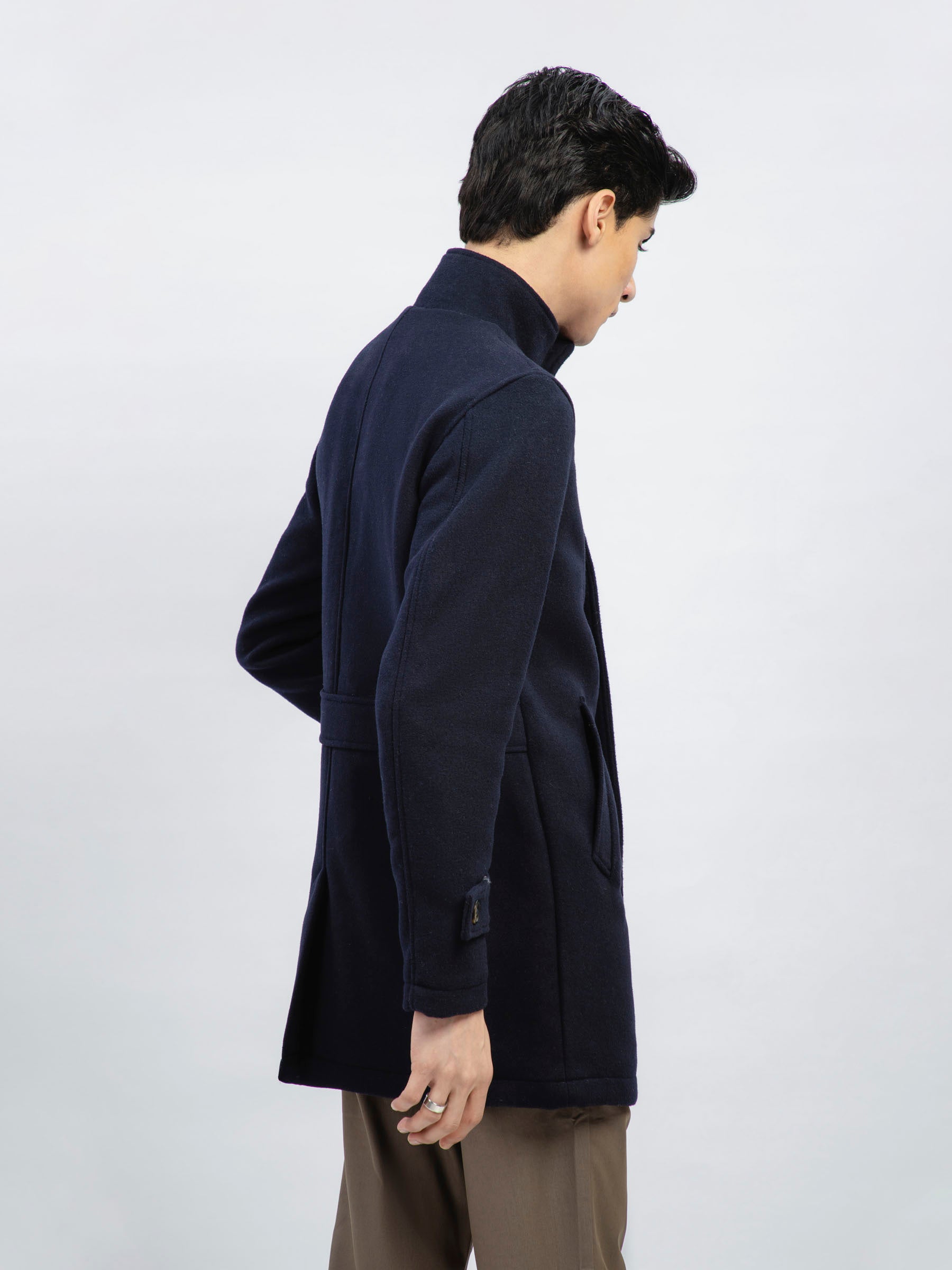 Dark Blue Wool Blended Long Coat - Limited Edition