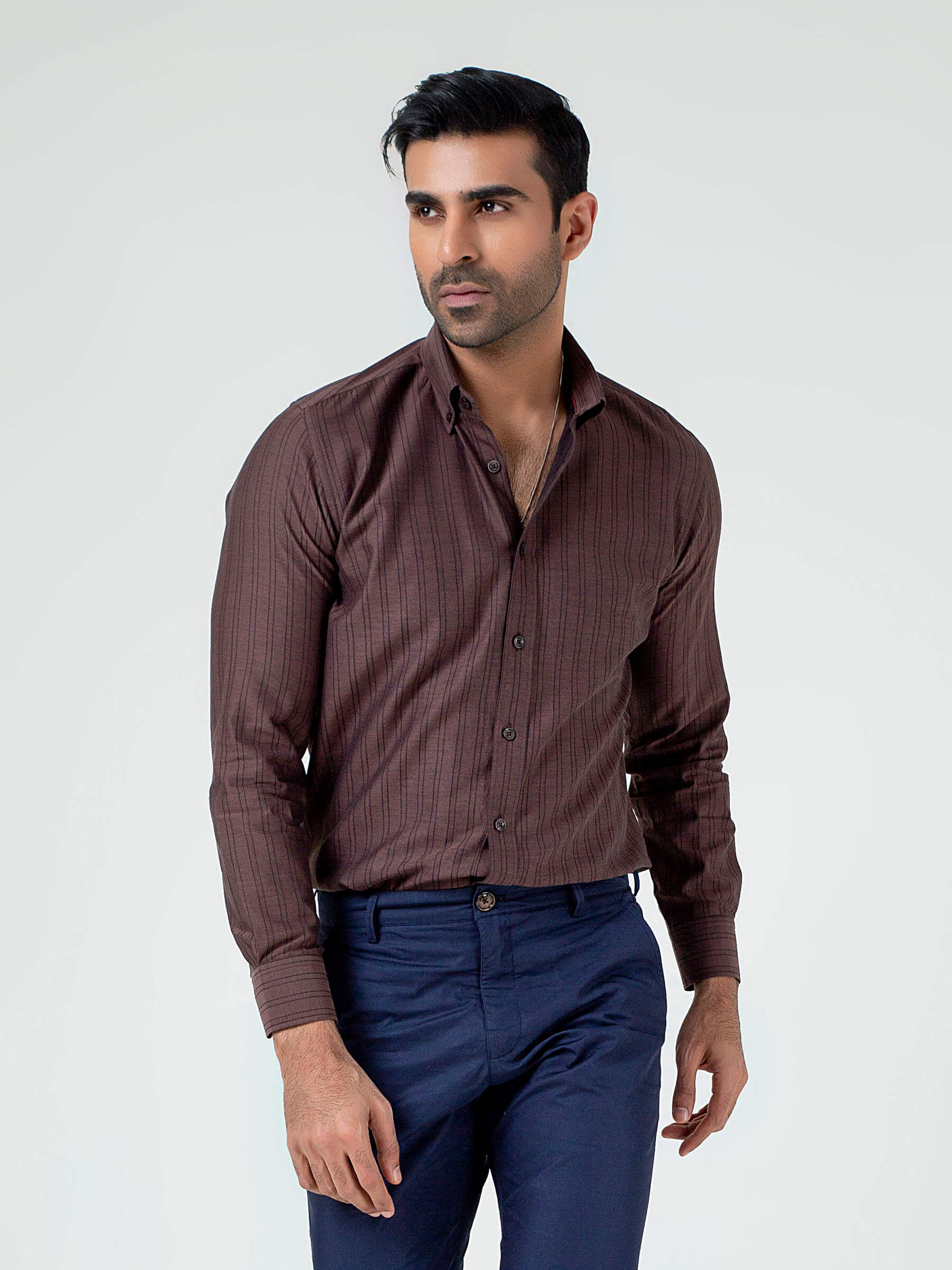 Dark Brown Striped Button Down Shirt