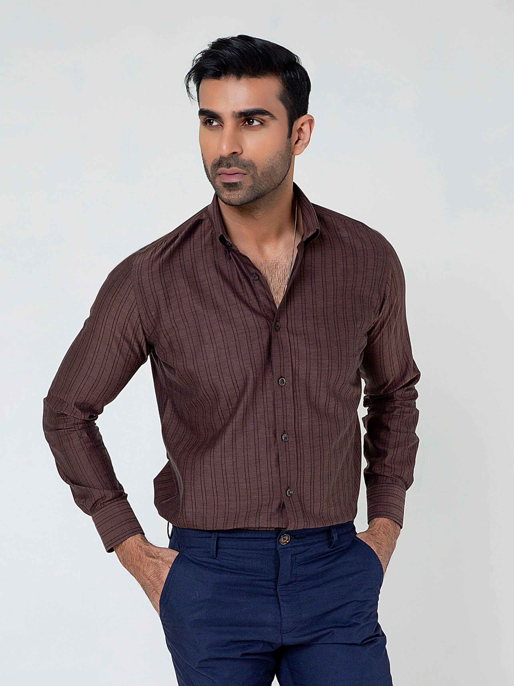 Dark Brown Striped Button Down Shirt