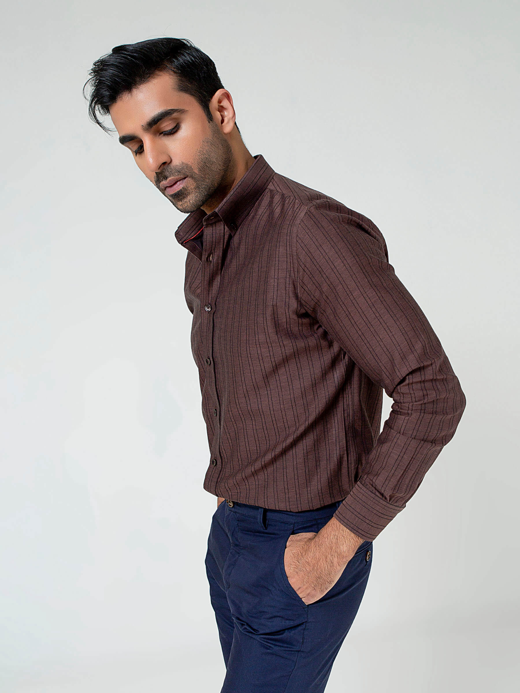 Dark Brown Striped Button Down Shirt