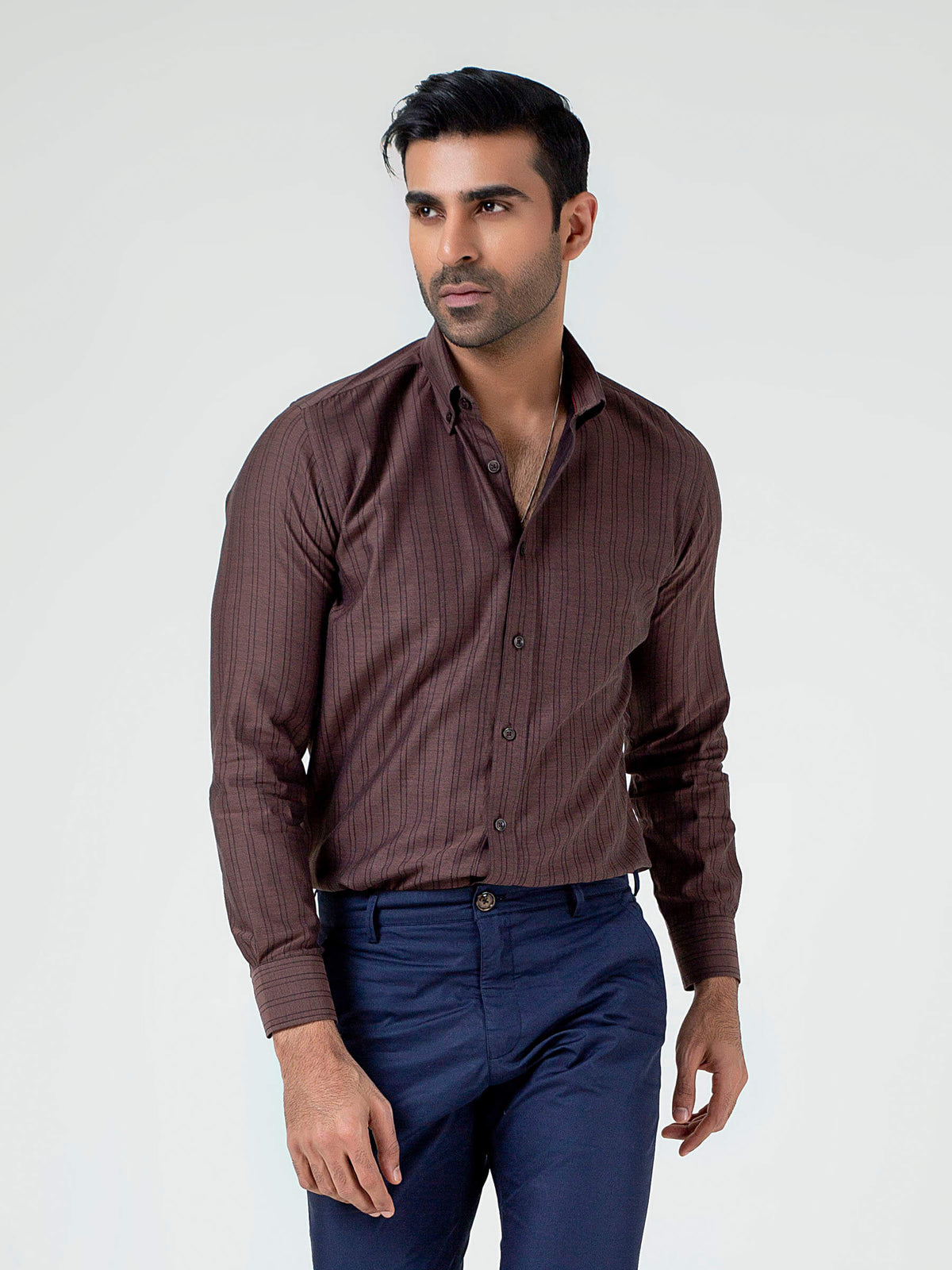 Dark Brown Striped Button Down Shirt