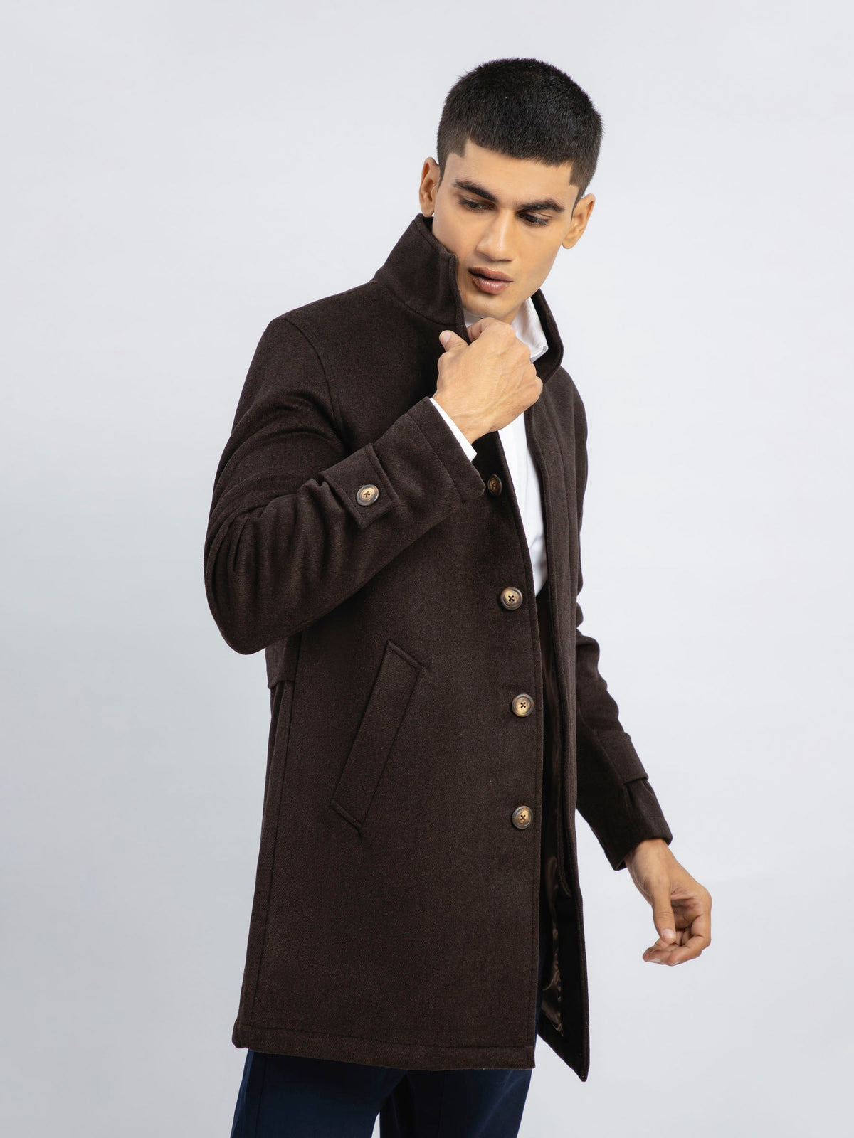 Dark Brown Wool Blended Long Coat - Limited Edition