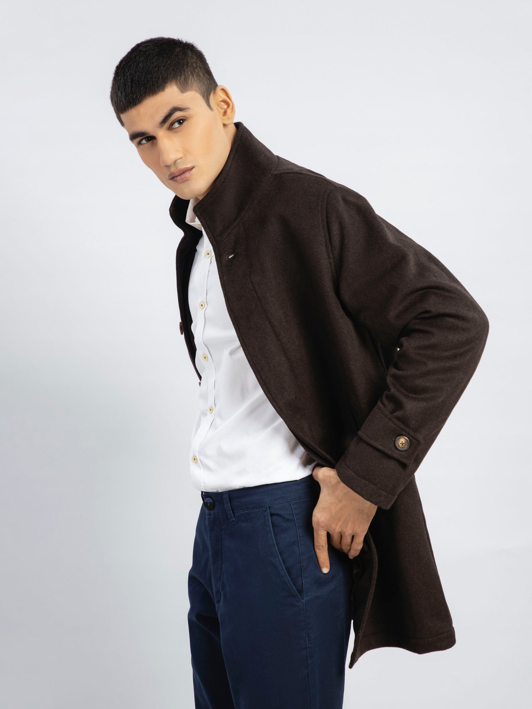 Dark Brown Wool Blended Long Coat - Limited Edition