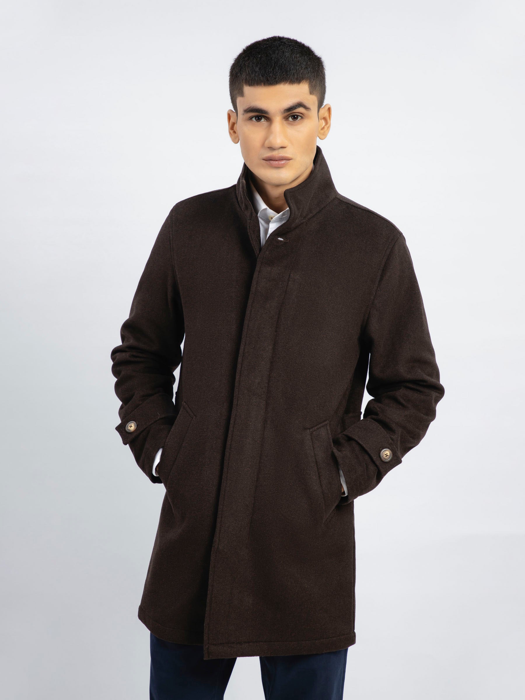 Dark Brown Wool Blended Long Coat - Limited Edition