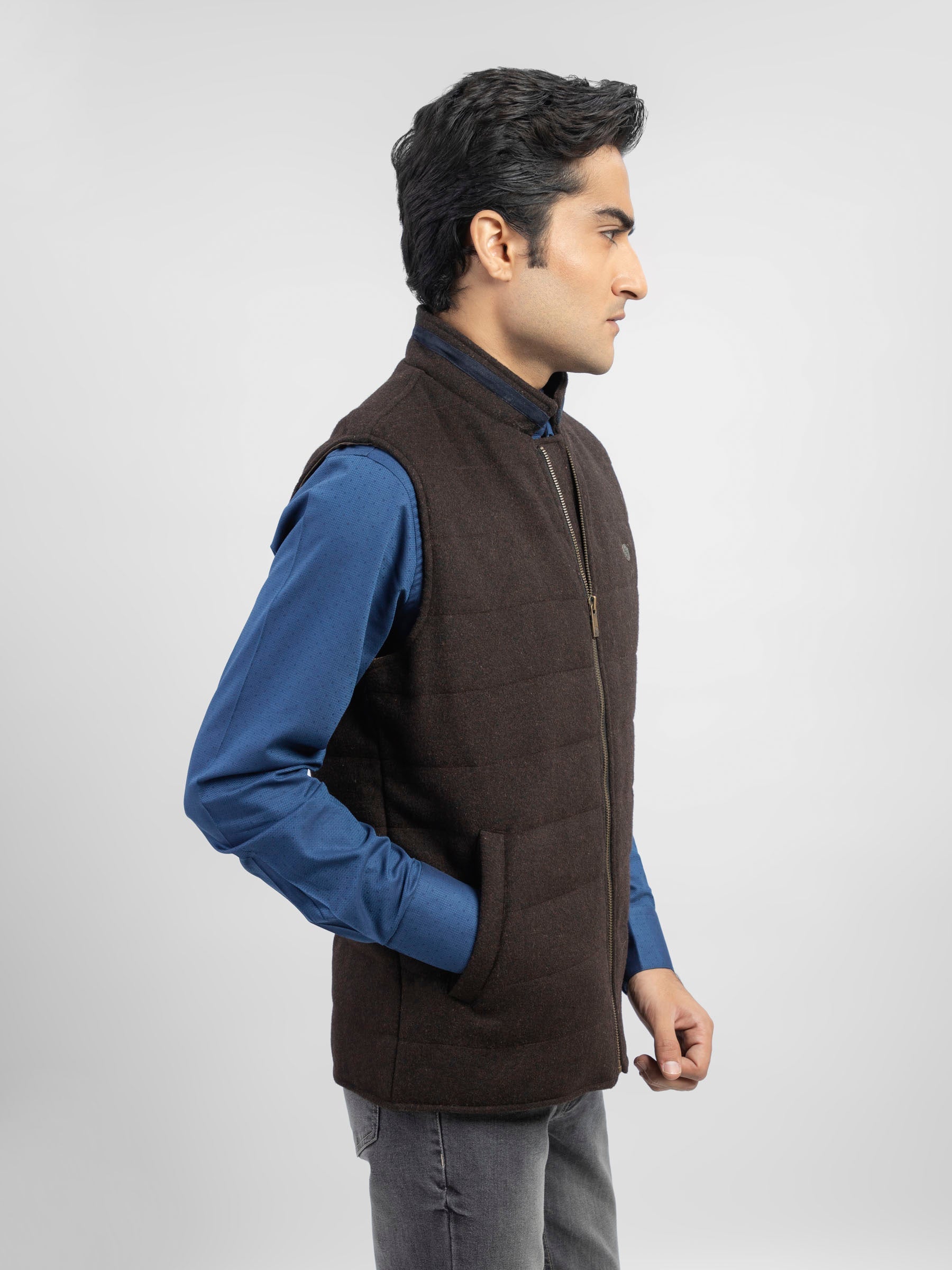 Dark Brown Wool Blended Sleeveless Quilted Jacket