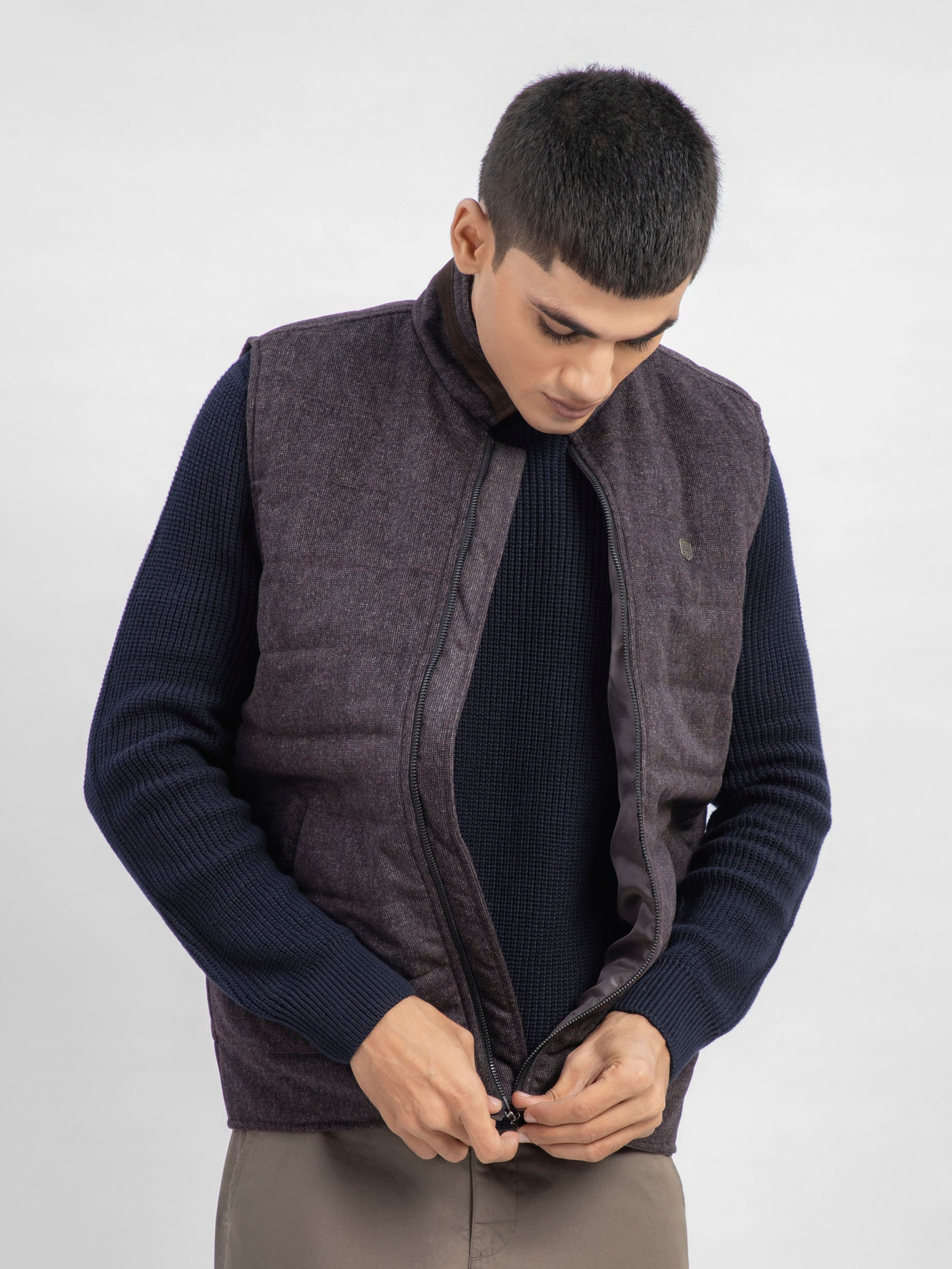Dark Burgundy Wool Blended Sleeveless Quilted Jacket