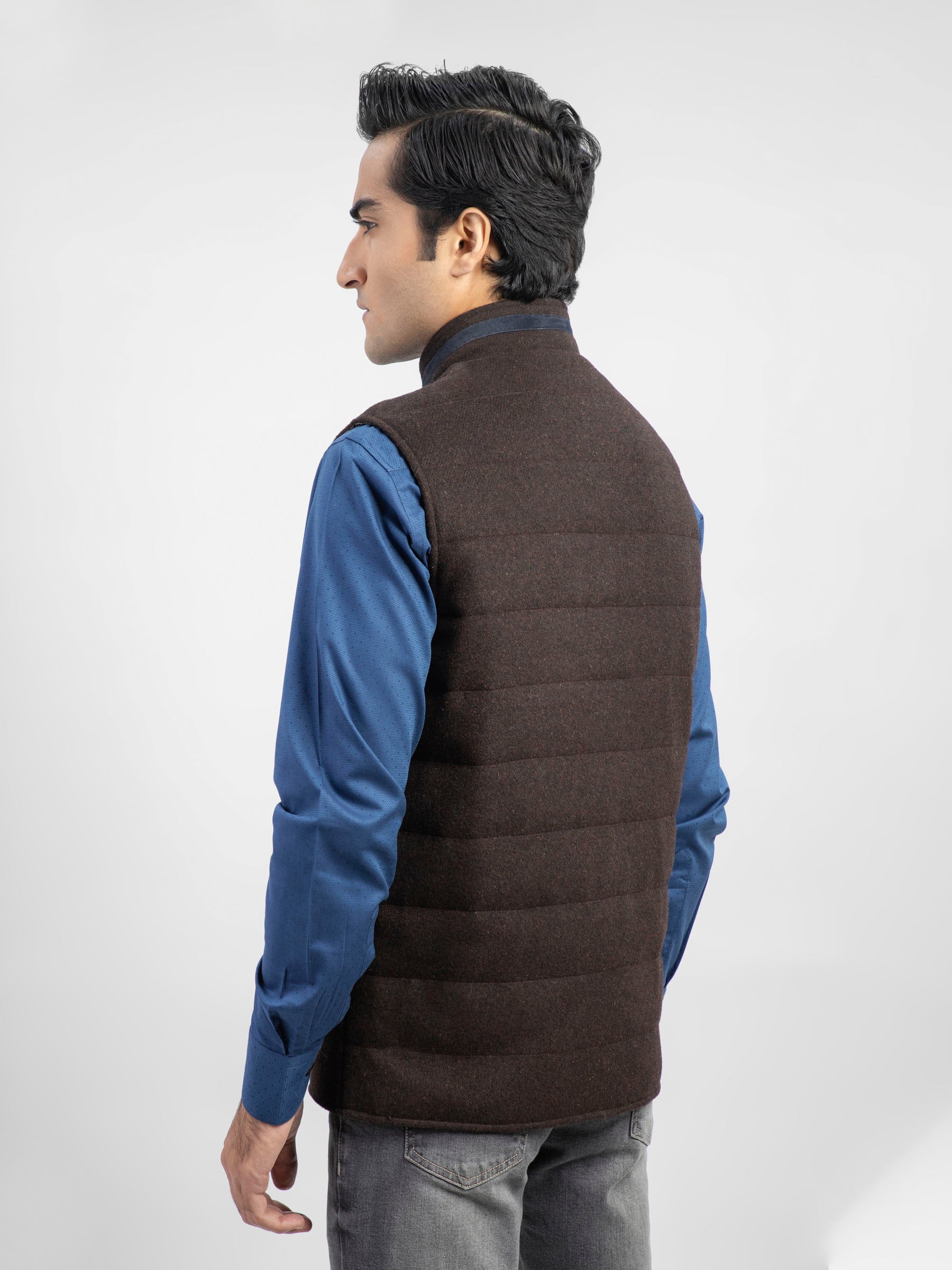 Dark Brown Wool Blended Sleeveless Quilted Jacket