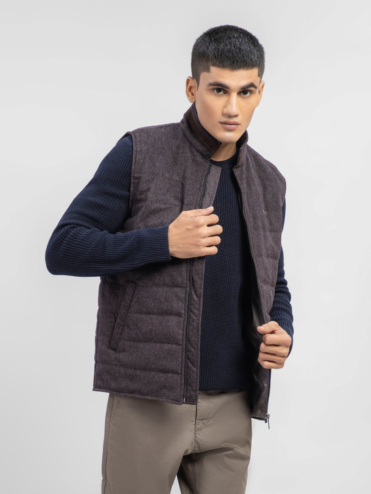 Dark Burgundy Wool Blended Sleeveless Quilted Jacket