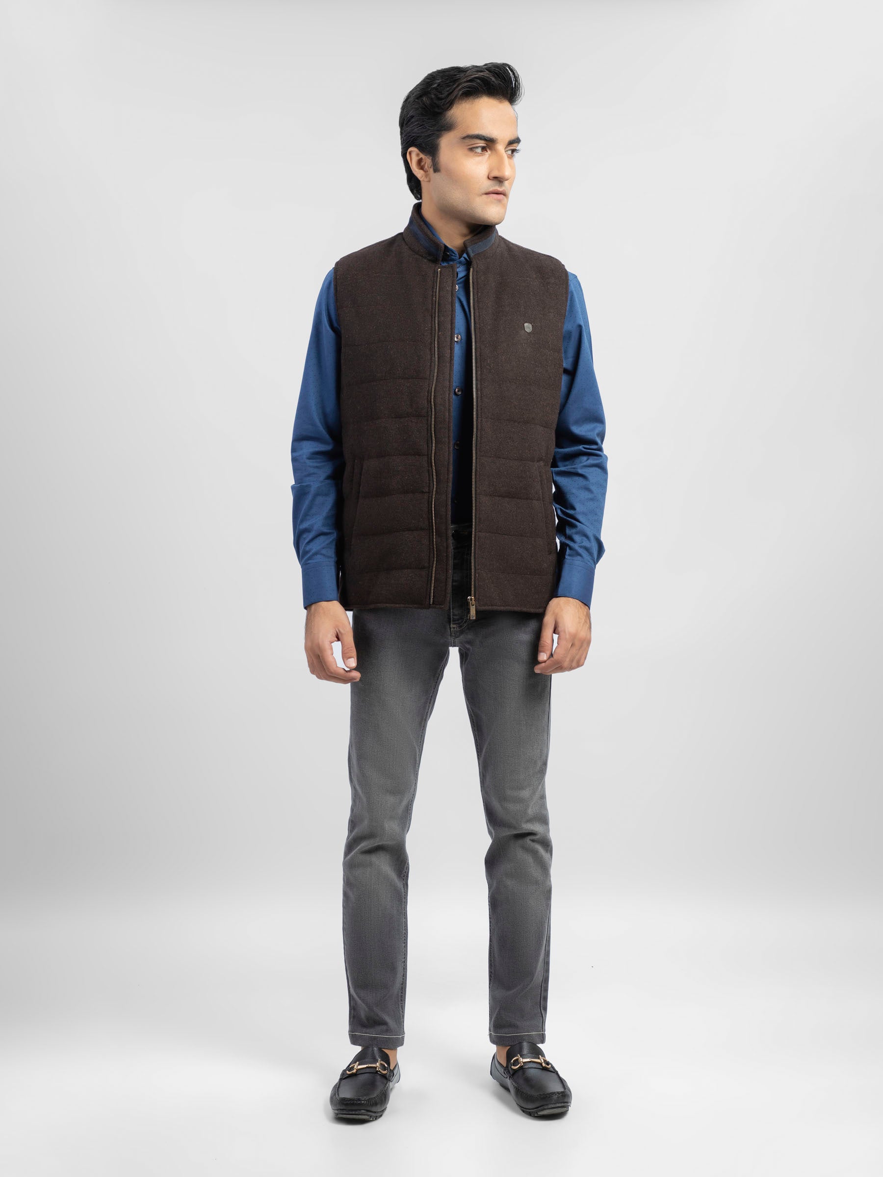 Dark Brown Wool Blended Sleeveless Quilted Jacket