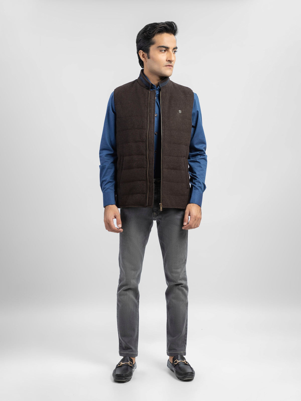 Dark Brown Wool Blended Sleeveless Quilted Jacket