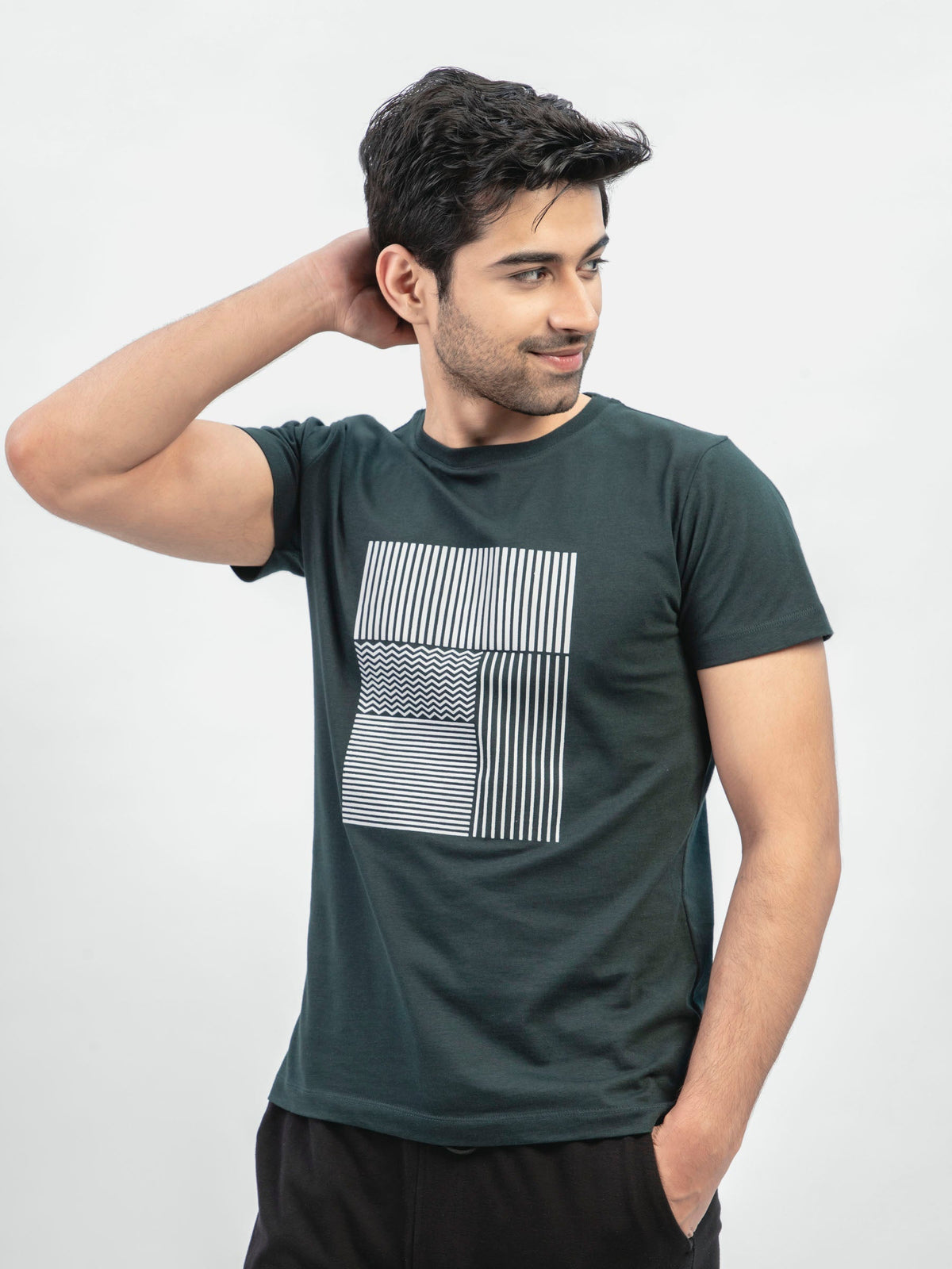 Dark Green Abstract 3d Printed Crew Neck T-Shirt