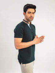 Dark Green Mao Collar Polo Shirt With Detailing