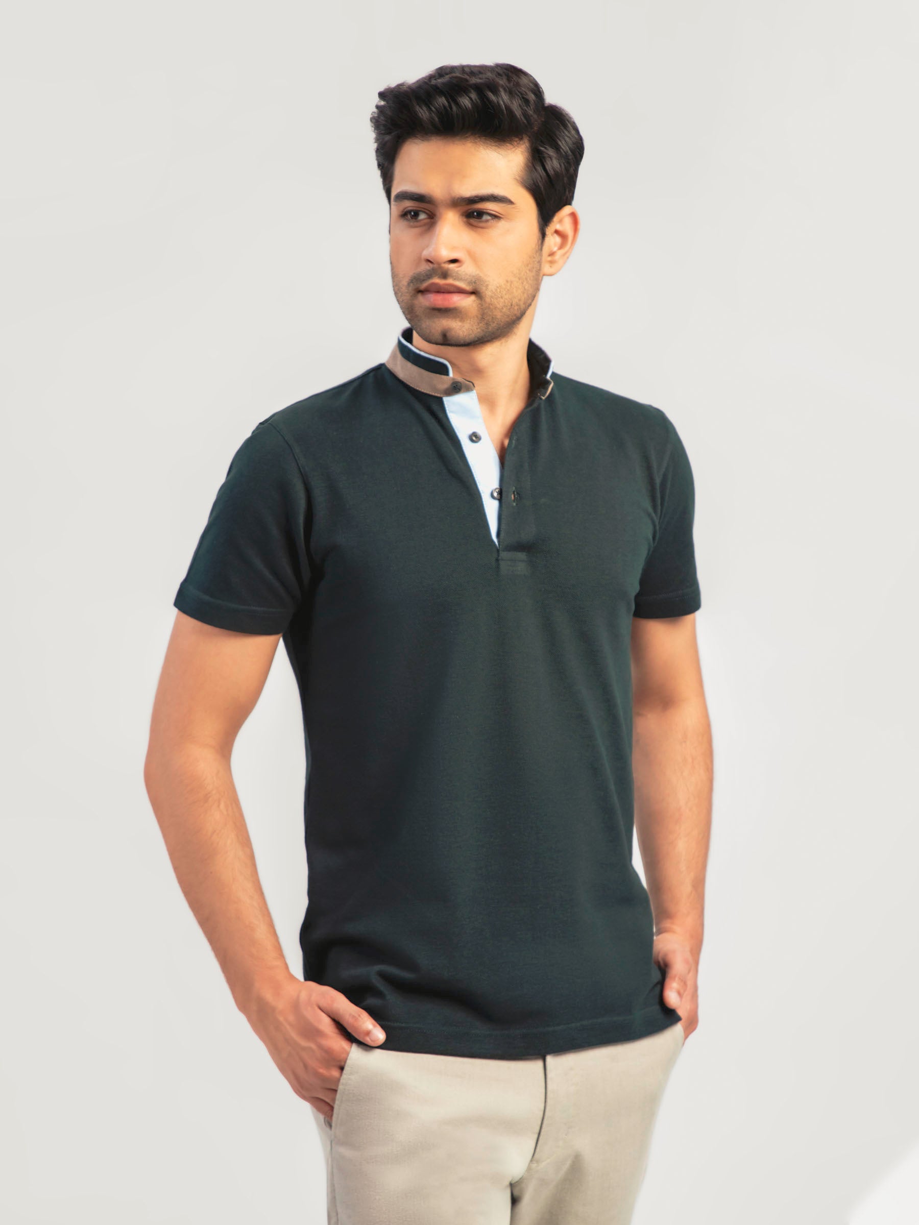 Dark Green Mao Collar Polo Shirt With Detailing