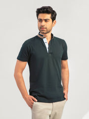 Dark Green Mao Collar Polo Shirt With Detailing