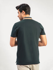 Dark Green Mao Collar Polo Shirt With Detailing