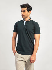 Dark Green Mao Collar Polo Shirt With Detailing