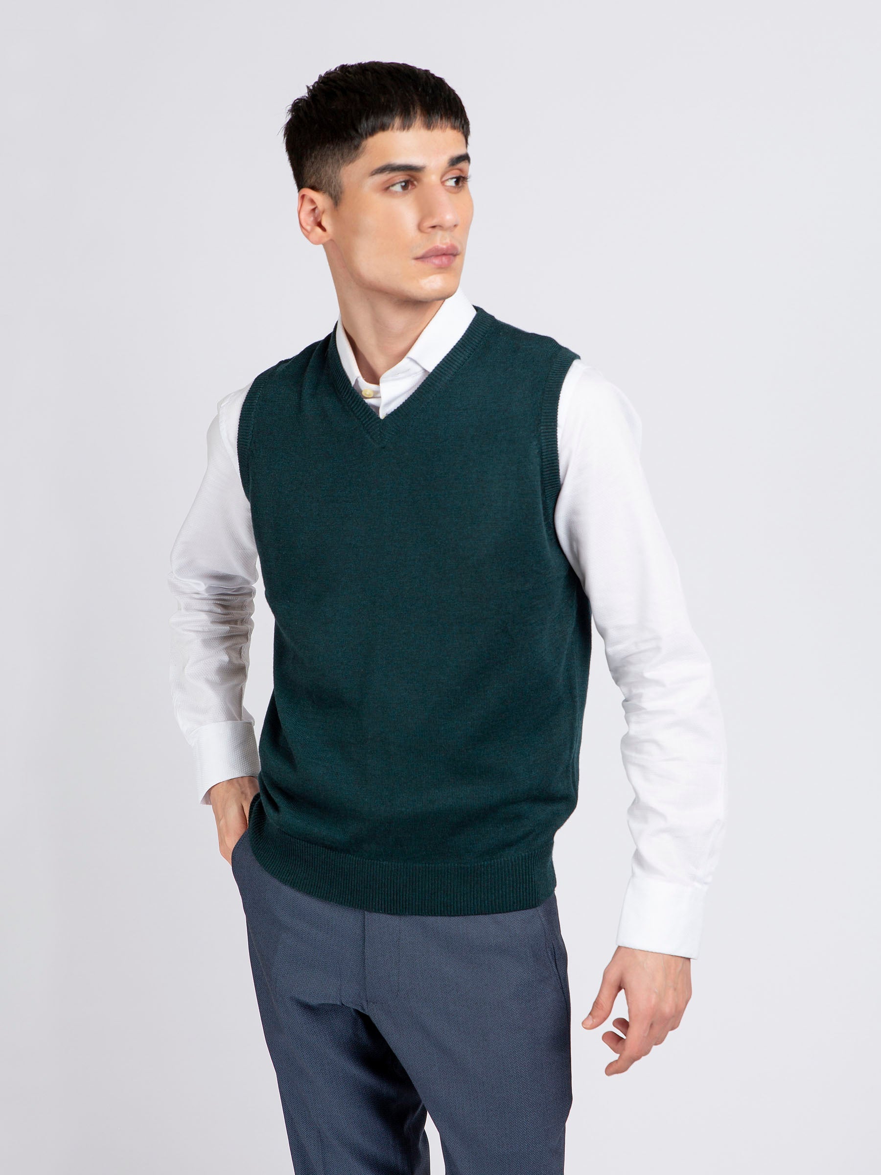 Dark Green Wool Blended Sleeveless Sweater
