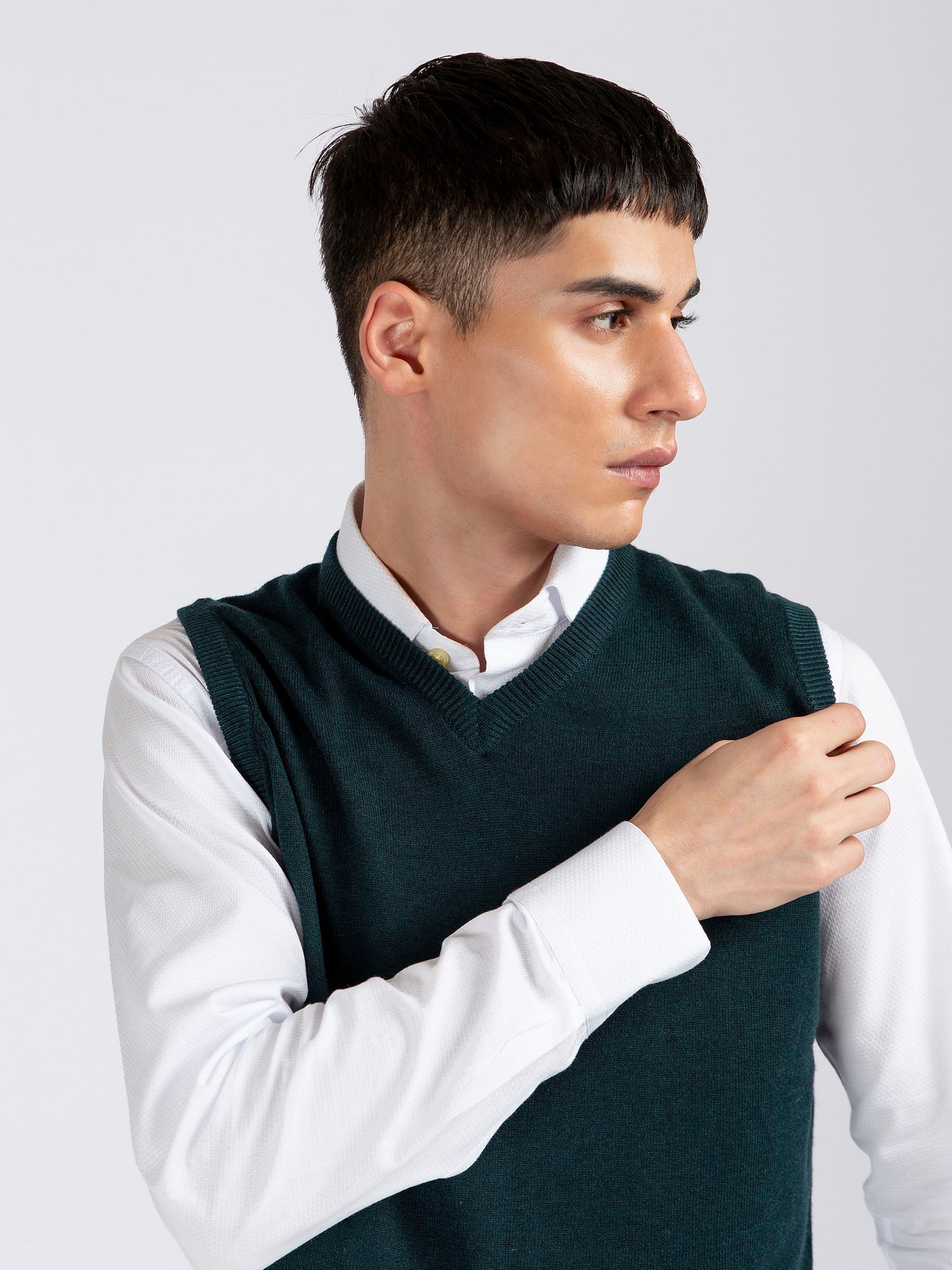 Dark Green Wool Blended Sleeveless Sweater