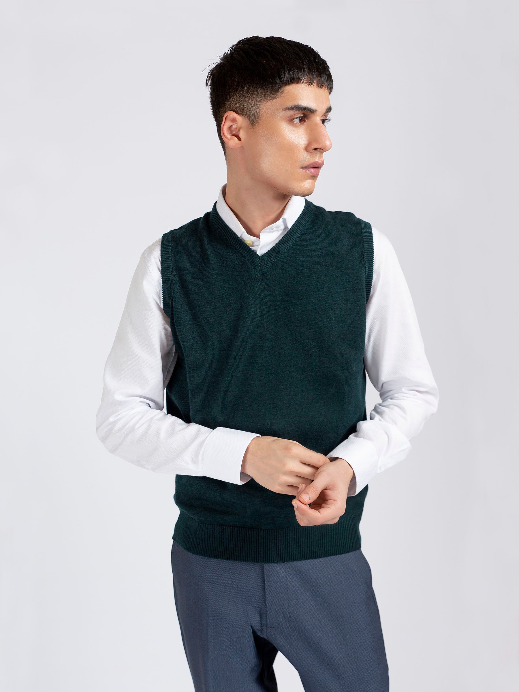Dark Green Wool Blended Sleeveless Sweater