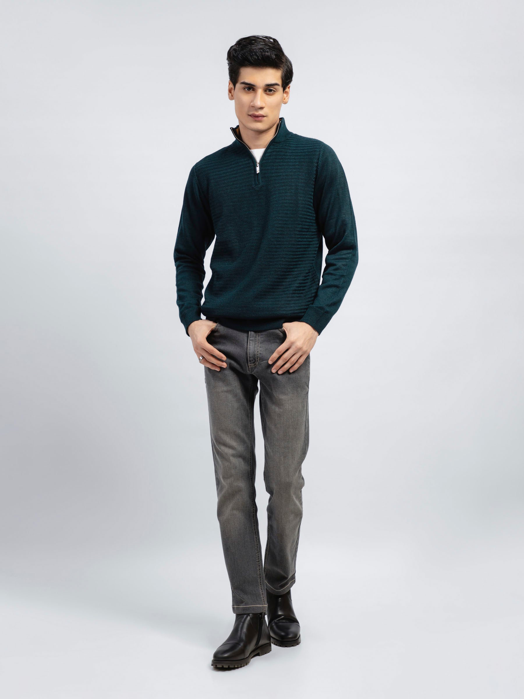 Dark Green Wool Textured Half-Zip Sweater