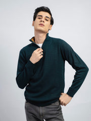 Dark Green Wool Textured Half-Zip Sweater