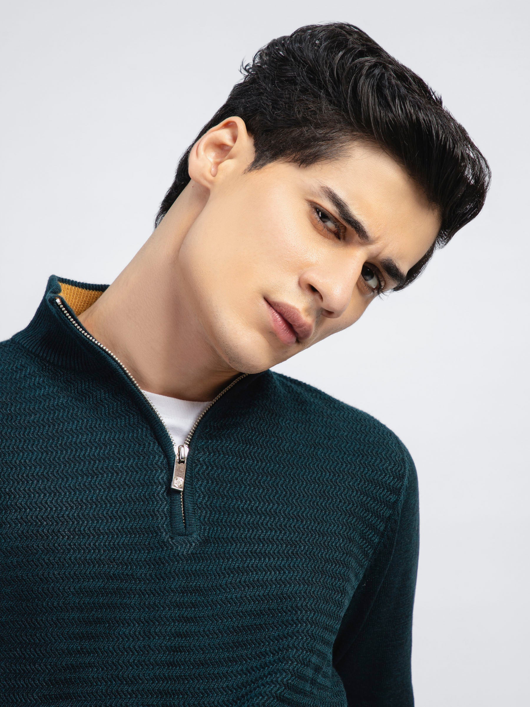 Dark Green Wool Textured Half-Zip Sweater