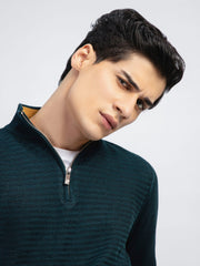 Dark Green Wool Textured Half-Zip Sweater