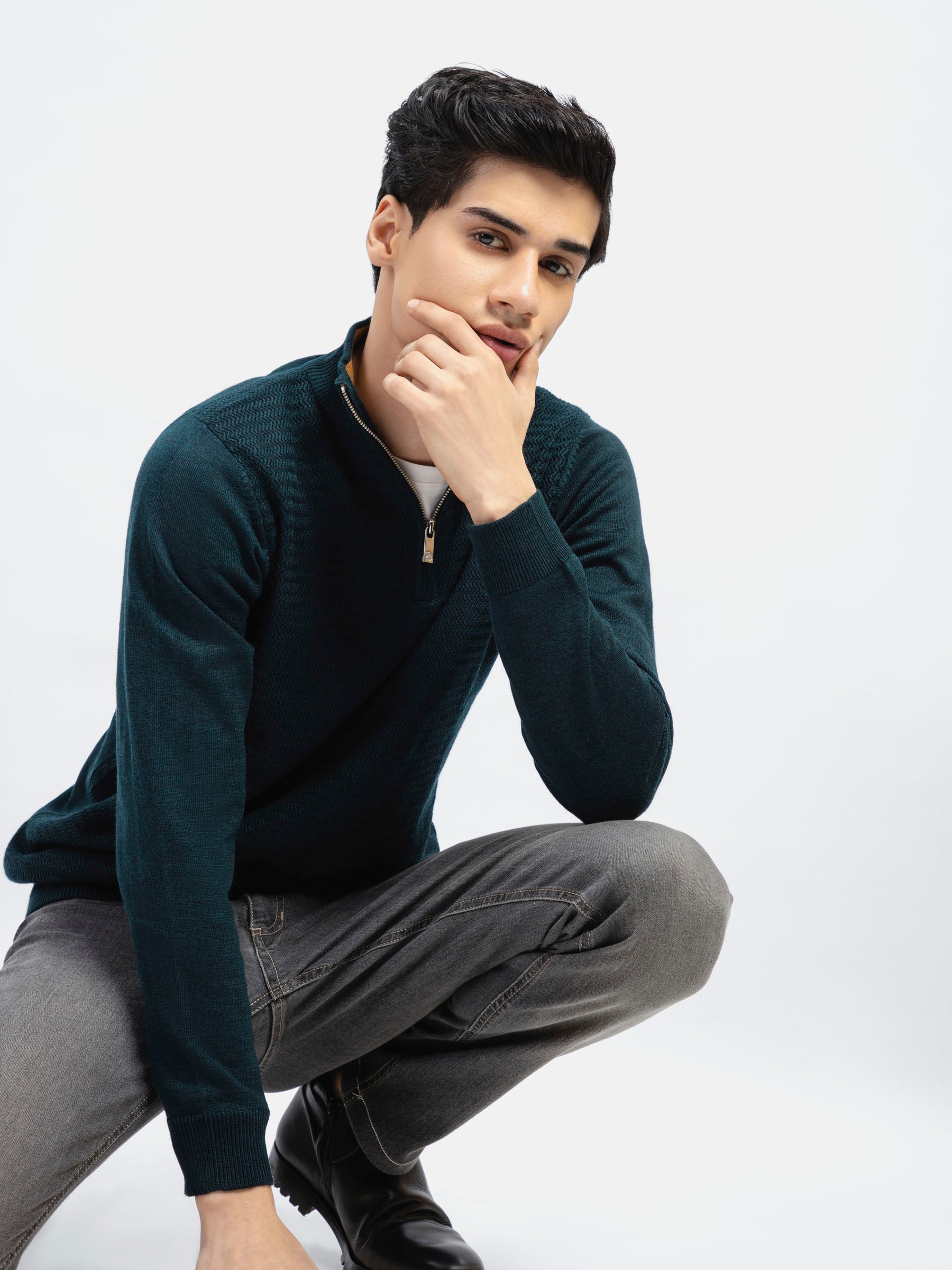 Dark Green Wool Textured Half-Zip Sweater