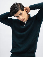 Dark Green Wool Textured Half-Zip Sweater