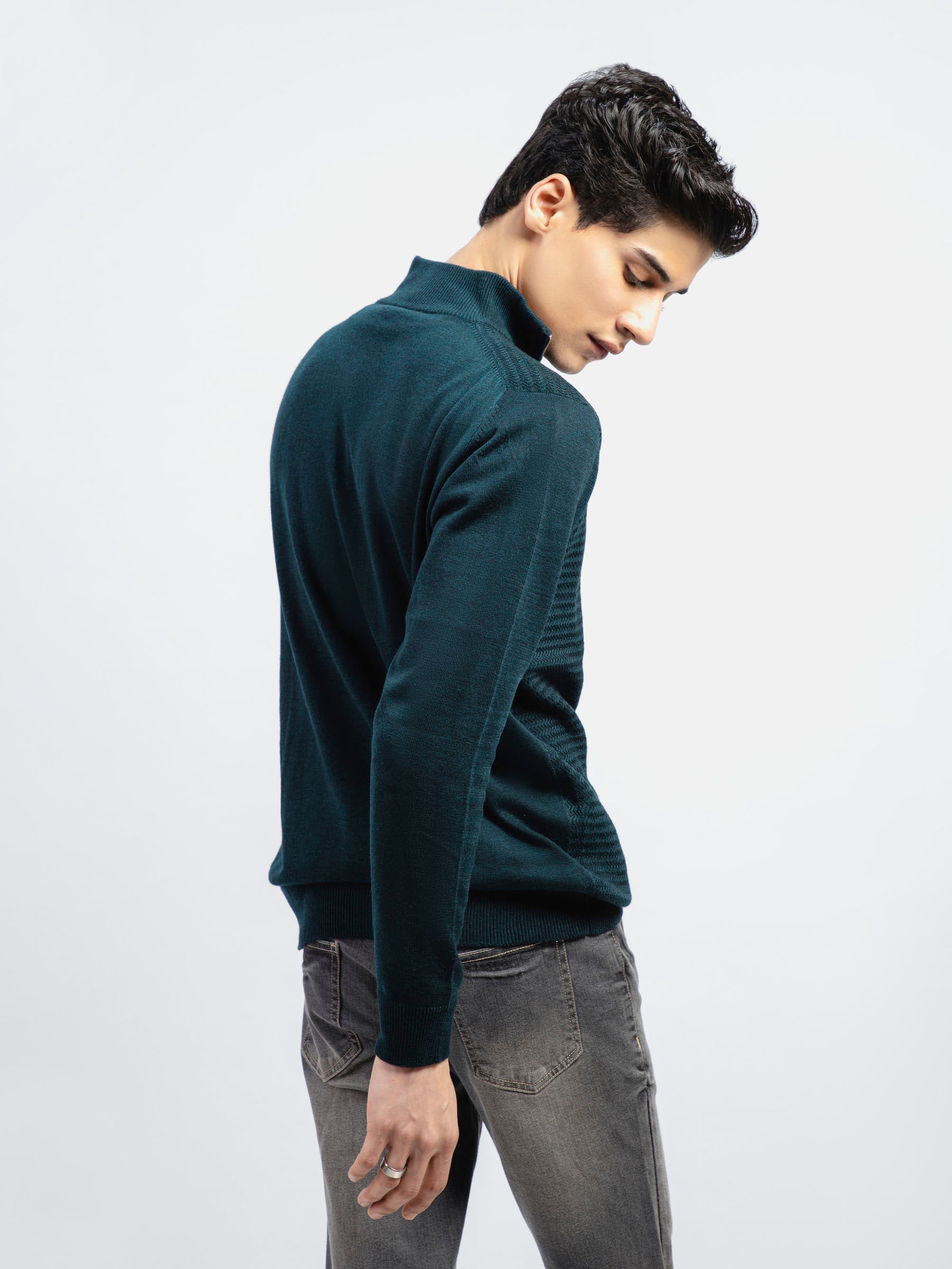 Dark Green Wool Textured Half-Zip Sweater