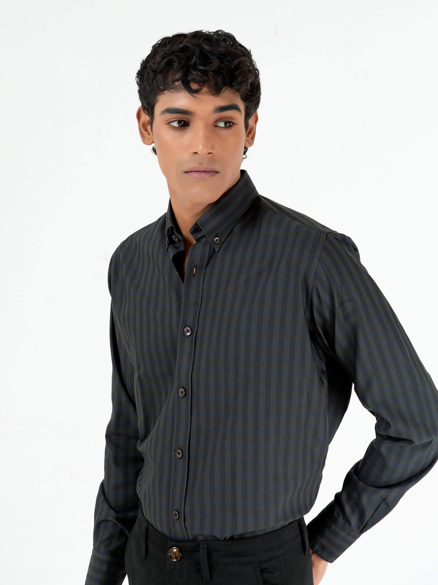 Dark Green & Black Striped Button Down Shirt