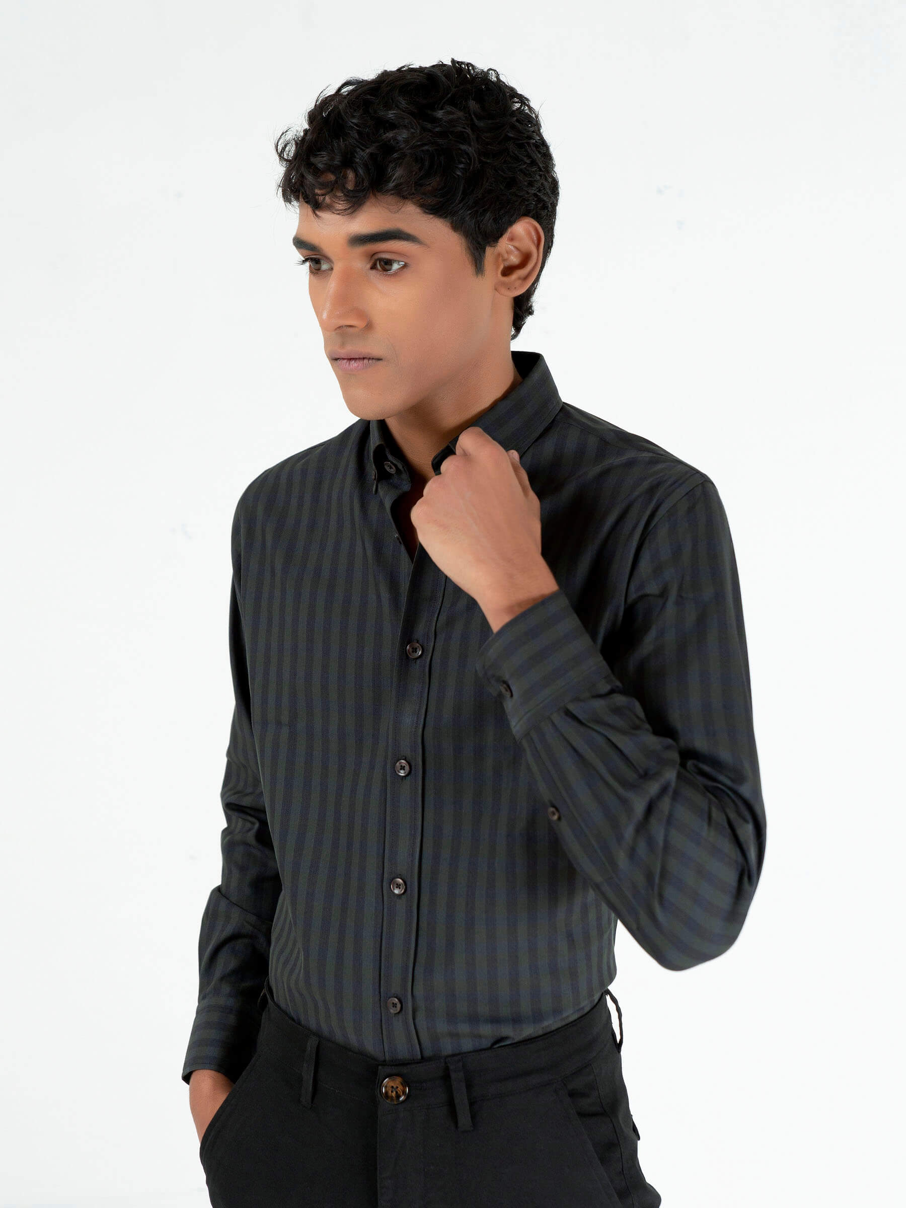 Dark Green & Black Striped Button Down Shirt