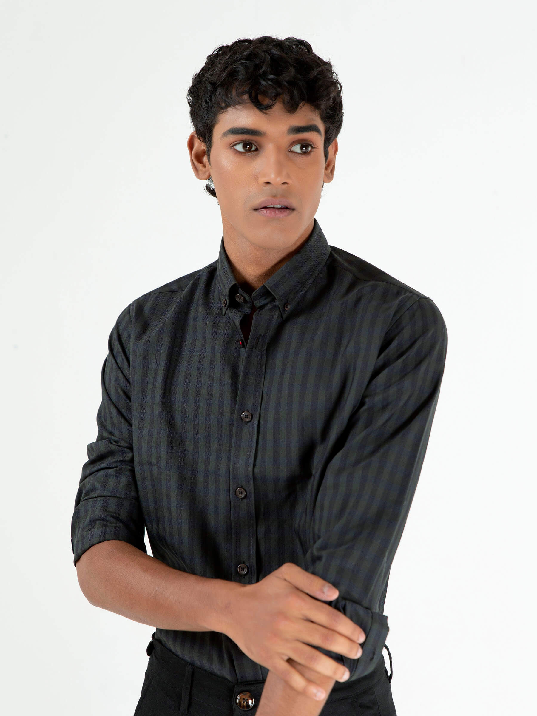 Dark Green & Black Striped Button Down Shirt