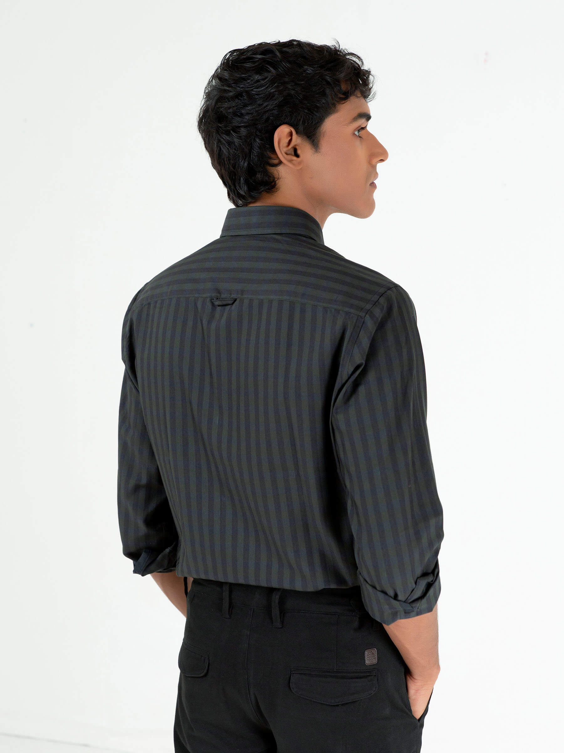 Dark Green & Black Striped Button Down Shirt