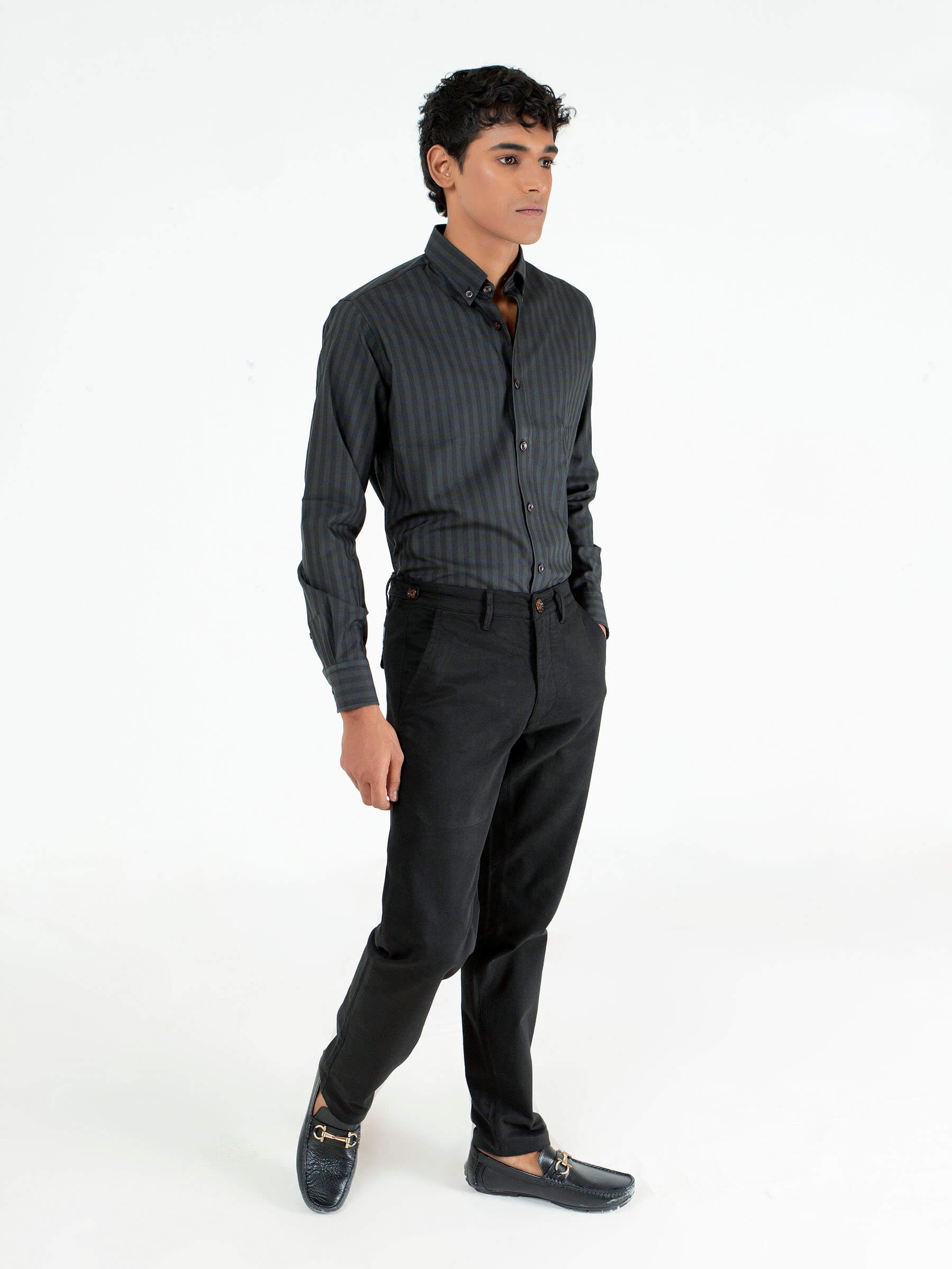 Dark Green & Black Striped Button Down Shirt