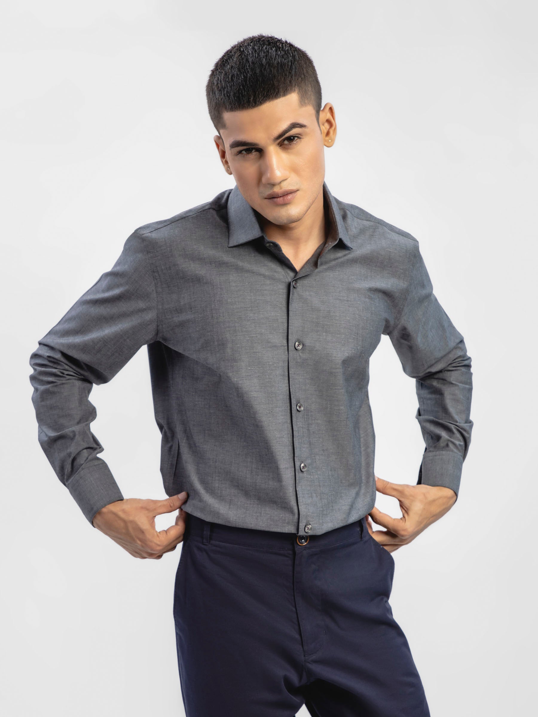 Dark Grey Melange Formal Shirt