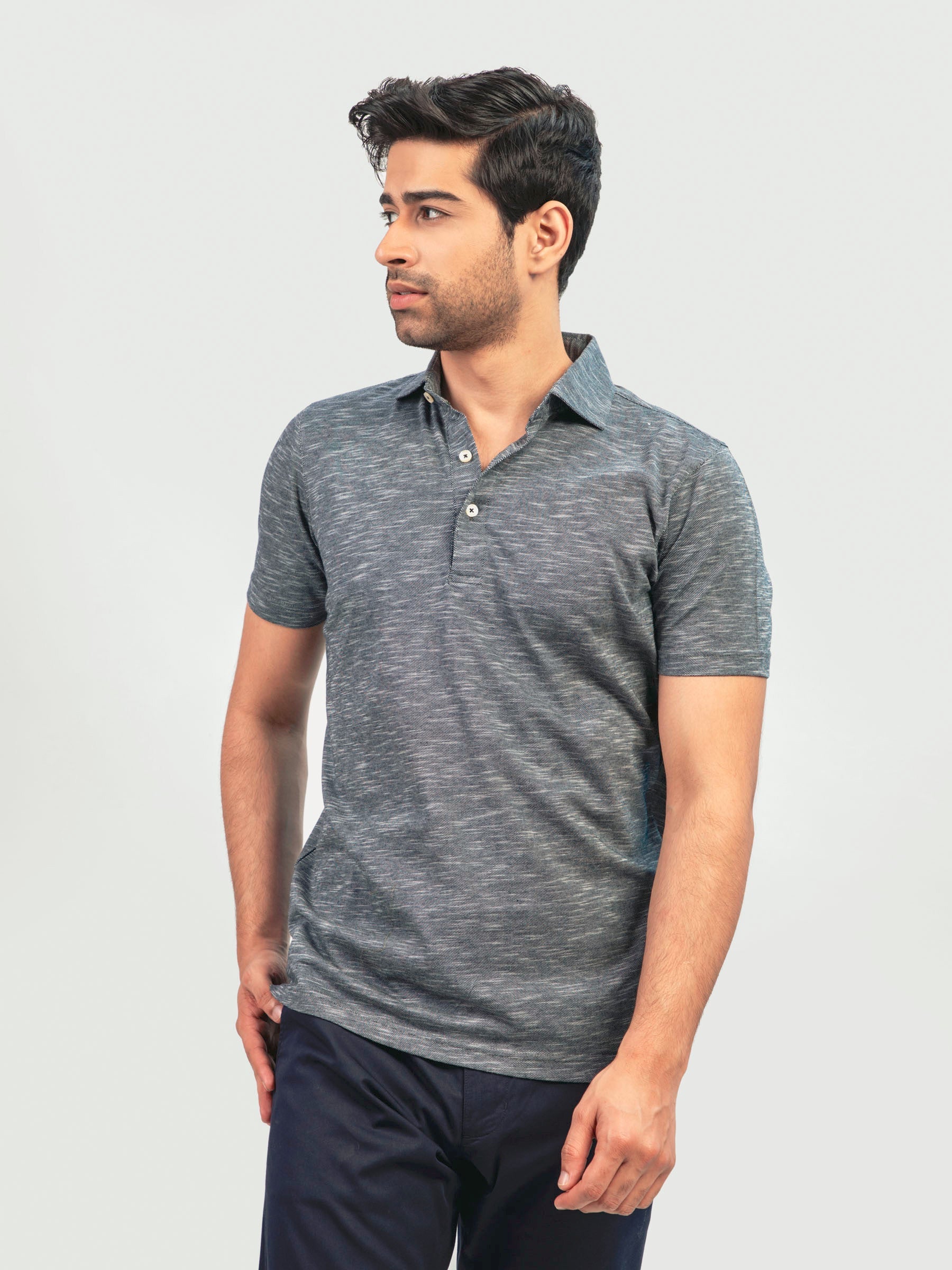 Dark Grey Mercerized Pique Polo With Cutaway Collar