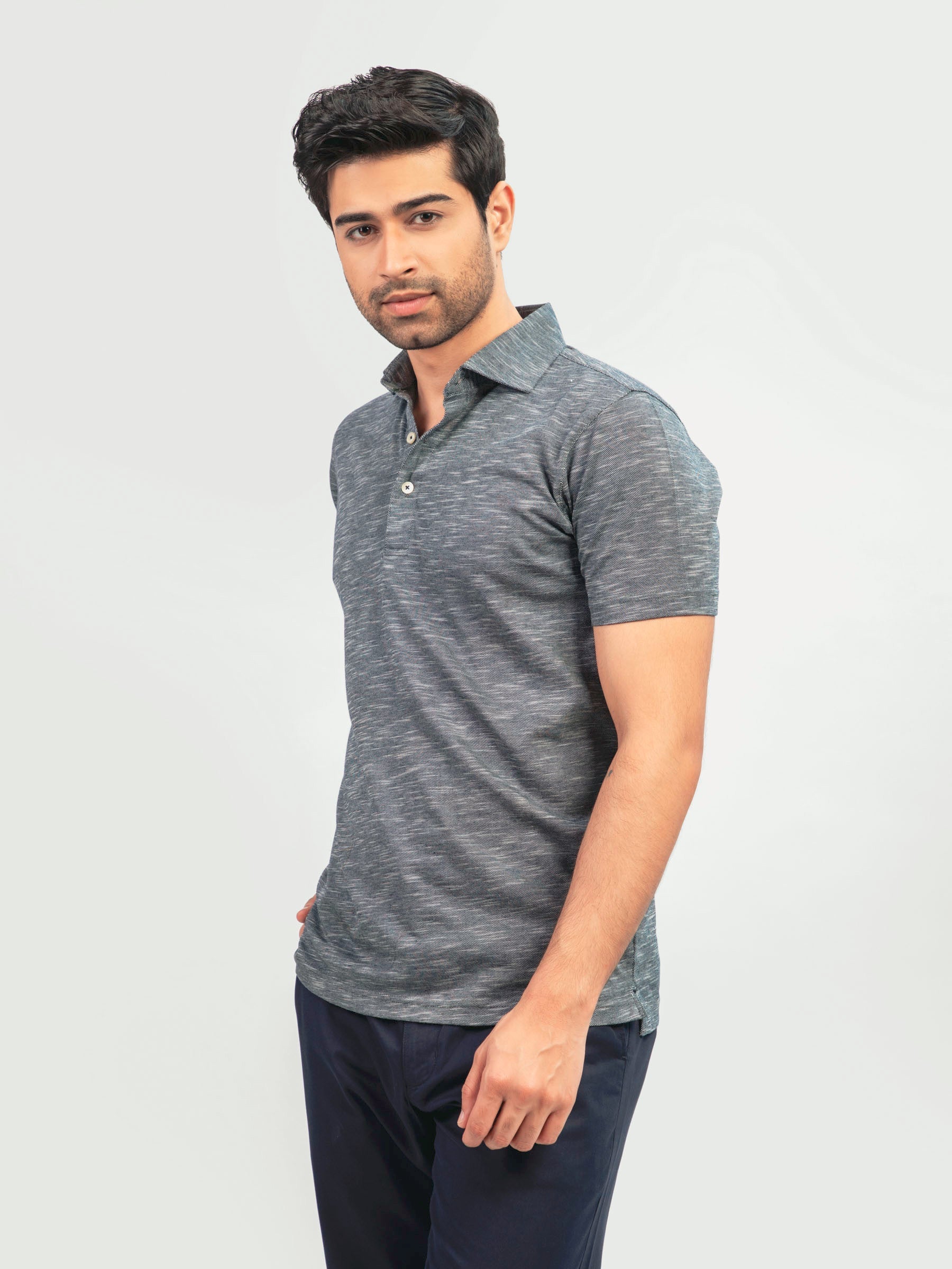 Dark Grey Mercerized Pique Polo With Cutaway Collar