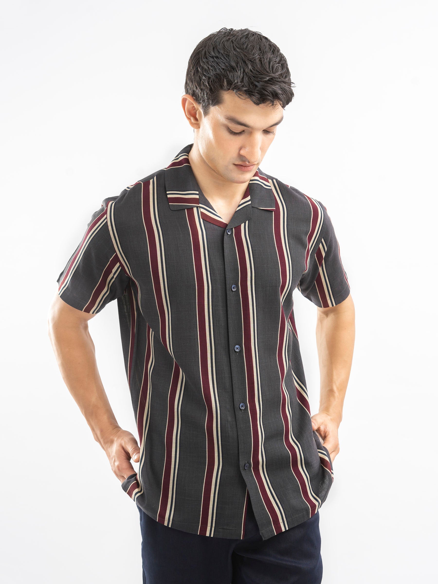 Dark Grey Stiped Cuban Collar Shirt