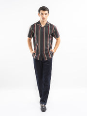 Dark Grey Stiped Cuban Collar Shirt
