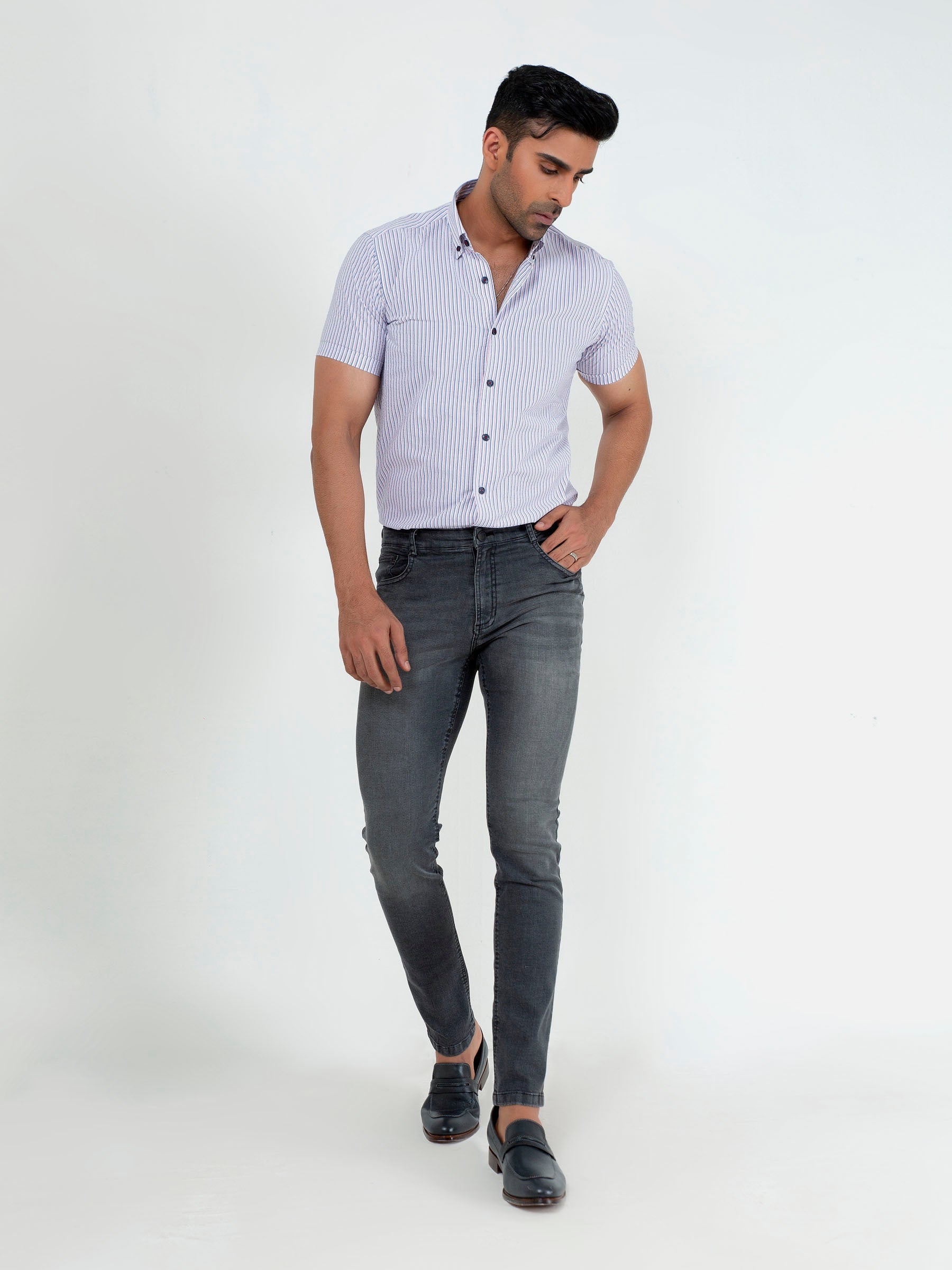Dark Grey Washed Slim Fit Jeans With Stretch