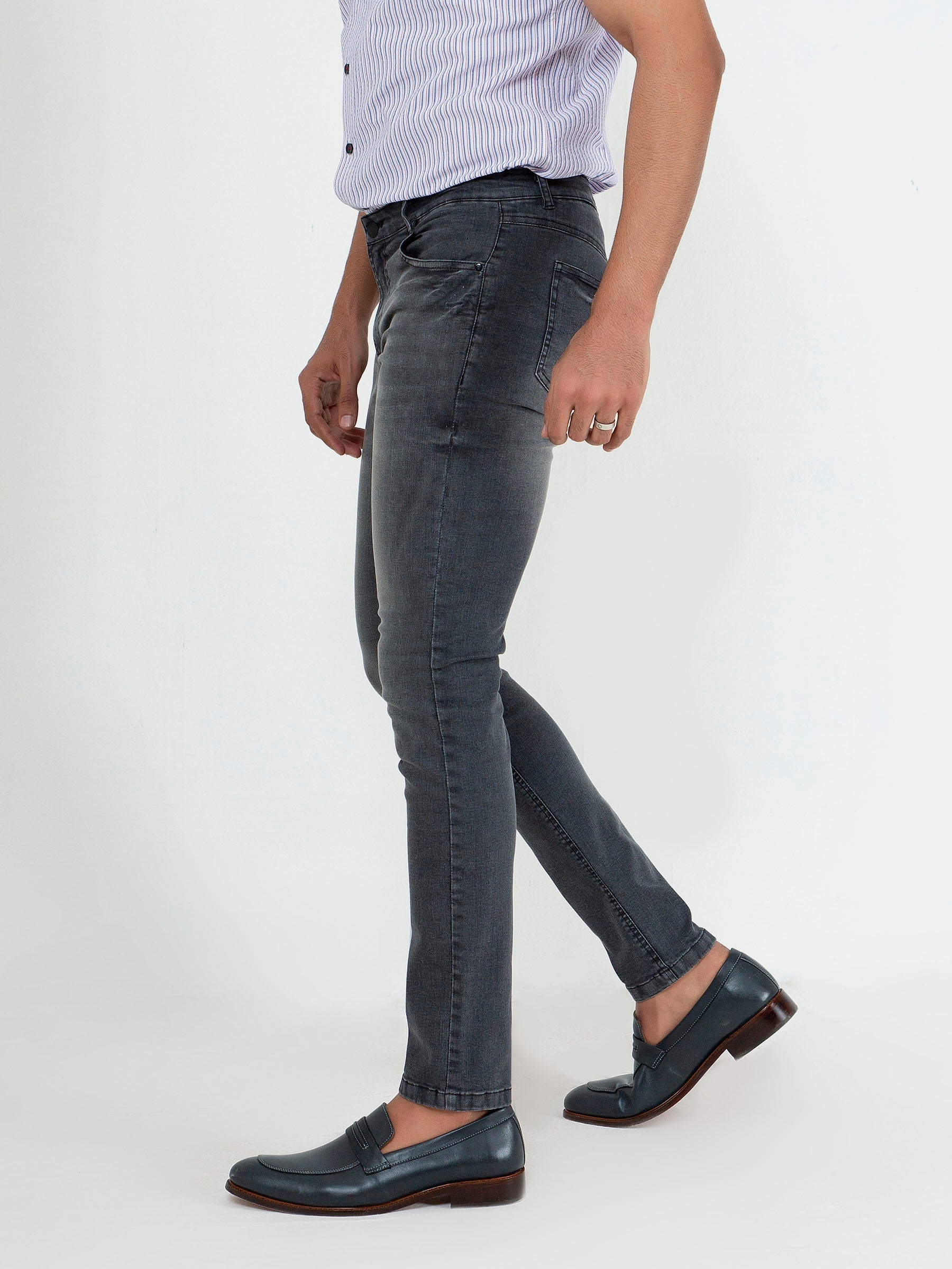 Dark Grey Washed Slim Fit Jeans With Stretch