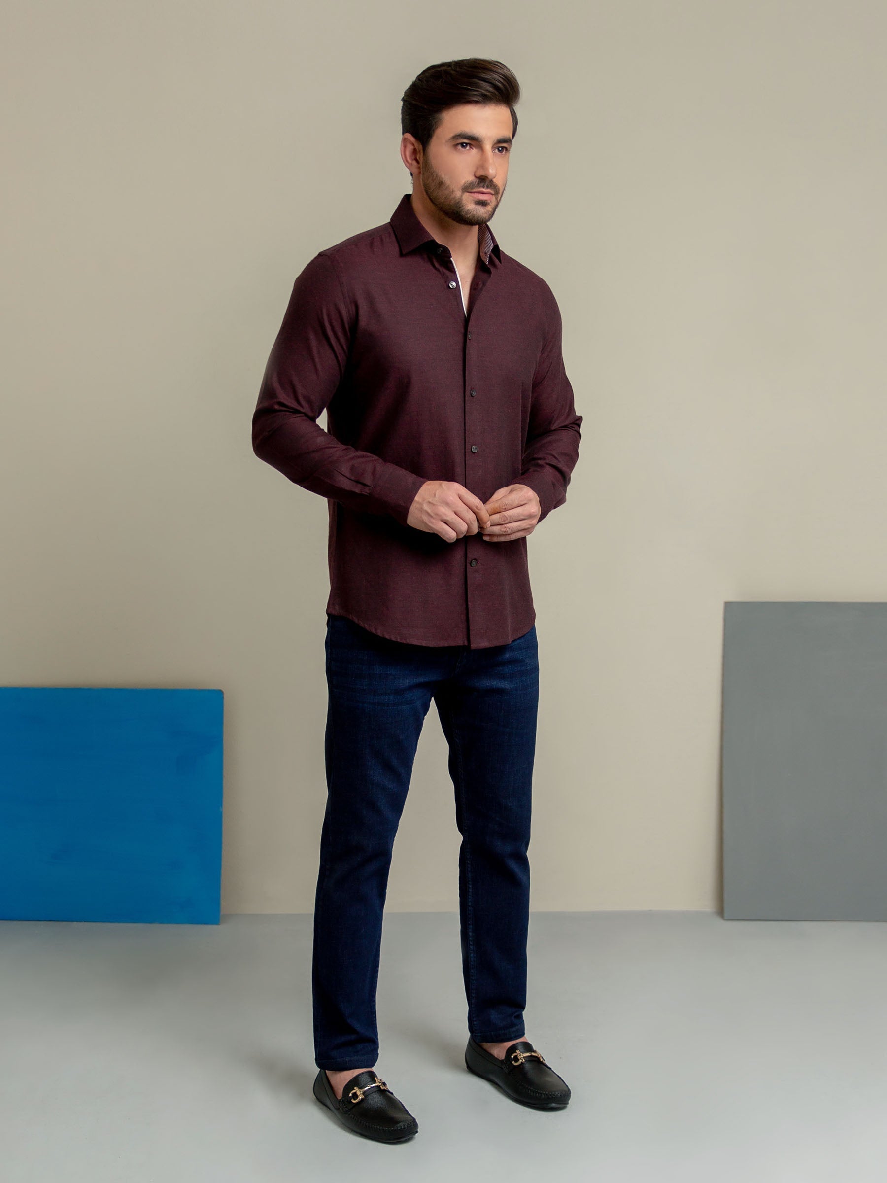 Dark Maroon Herringbone Pattern Formal Shirt
