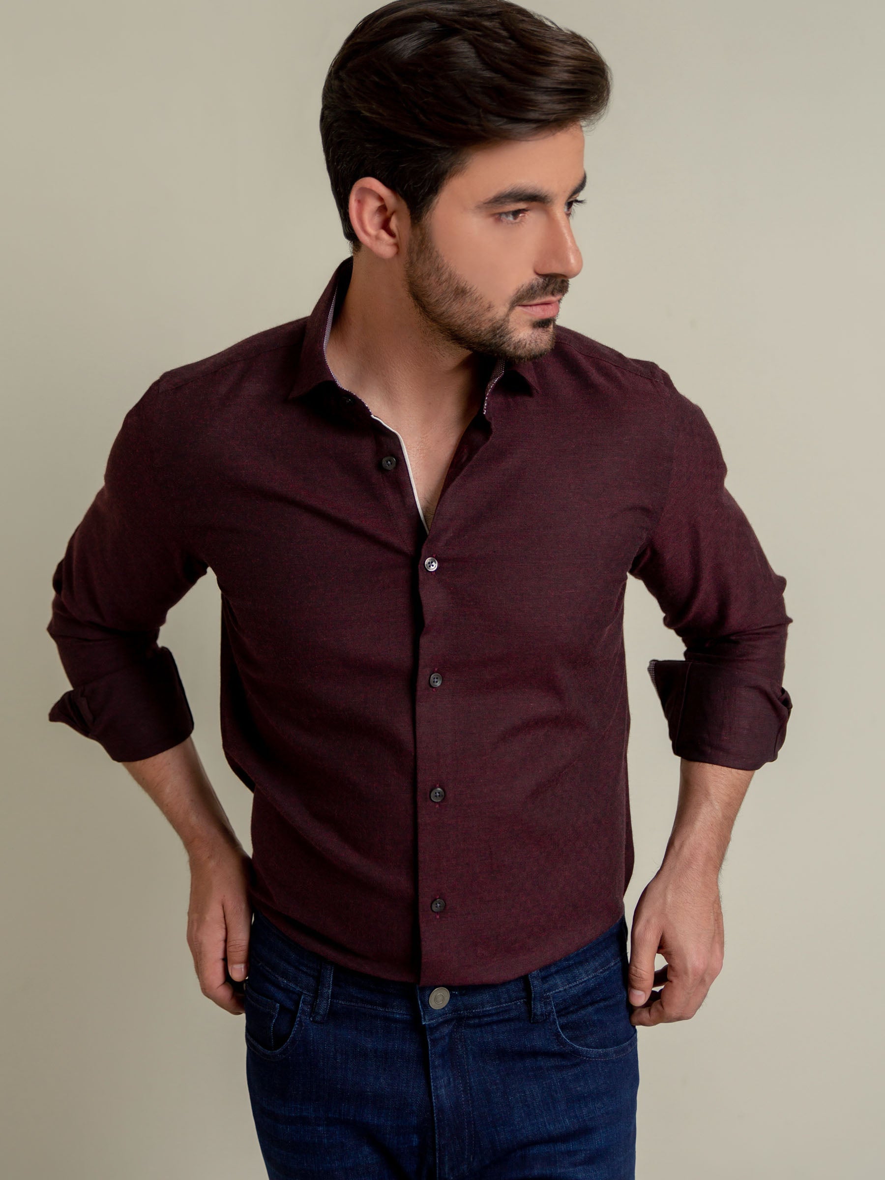 Dark Maroon Herringbone Pattern Formal Shirt