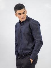 Dark Navy Striped Formal Shirt With Inside Button Down Collar